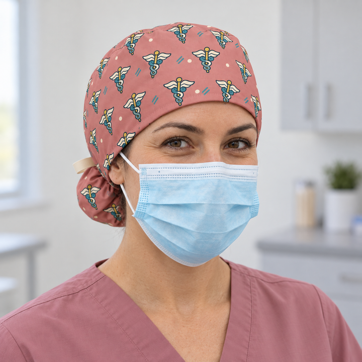 Caduceus Ponytail Scrub Cap — Front worn view showing the printed crown and fitted cap band.
