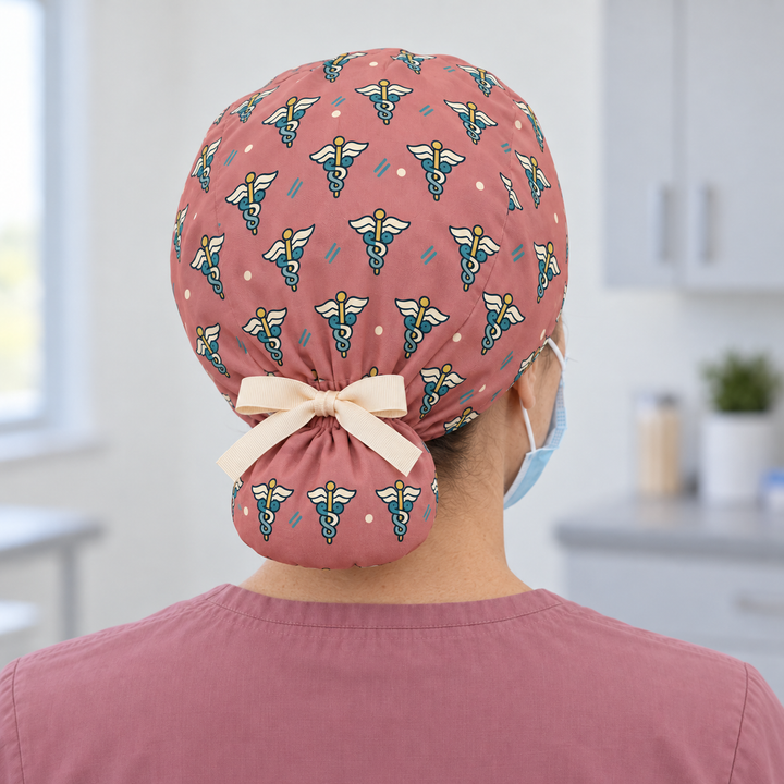 Caduceus Ponytail Scrub Cap — Rear worn view showing the printed ponytail pouch and cream ribbon bow.