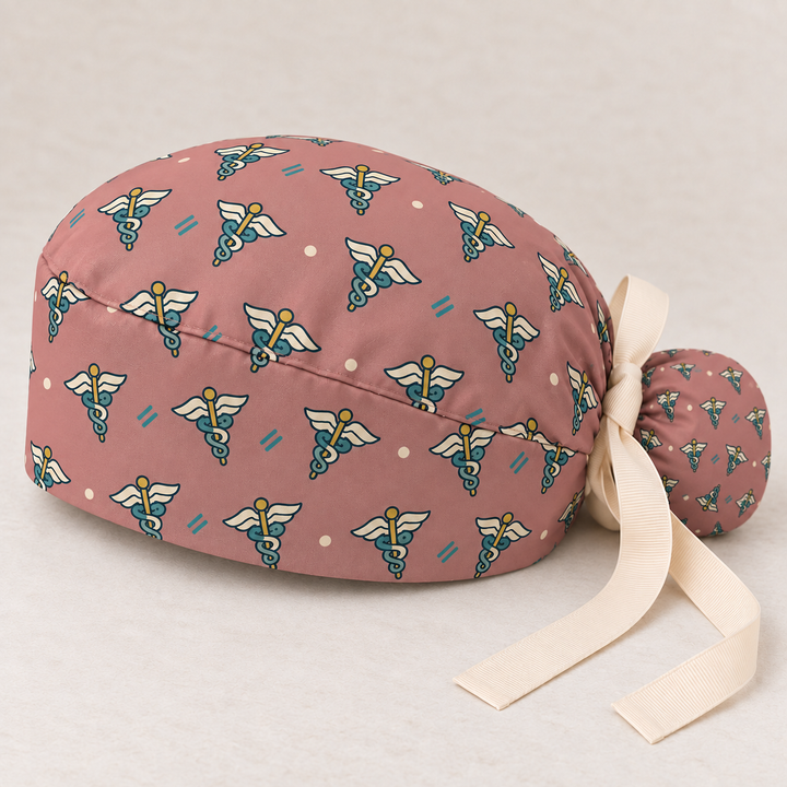 Caduceus ponytail scrub cap — studio mockup showing the printed cap and cream ties.