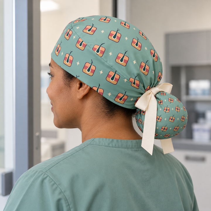 Derm ponytail scrub cap worn with plain scrubs in a clinical-setting mockup.