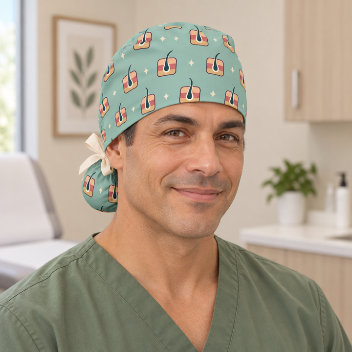 Derm Ponytail Scrub Cap — Front worn view showing the printed crown and fitted cap band.