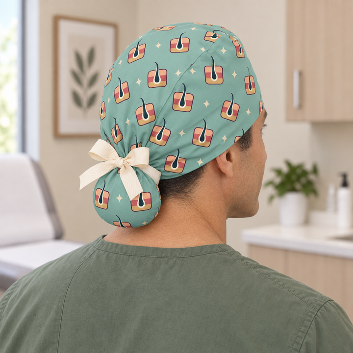 Derm Ponytail Scrub Cap — Rear worn view showing the printed ponytail pouch and cream ribbon bow.