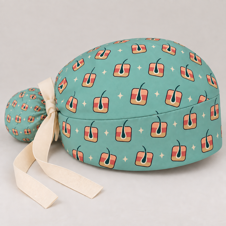 Derm ponytail scrub cap — studio mockup showing the printed cap and cream ties.