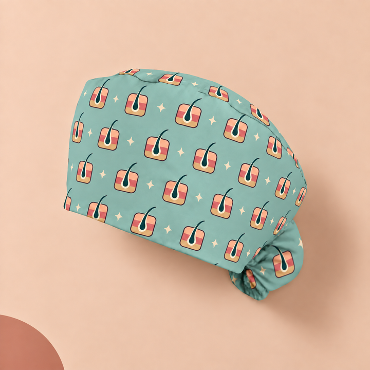 Derm Ponytail Scrub Cap — Studio view of the printed cap on a coordinated background.