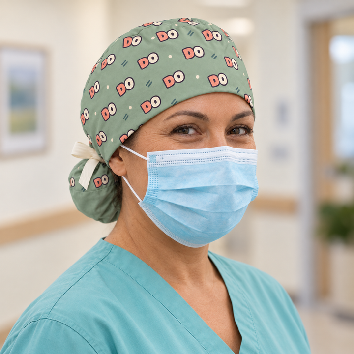 DO Ponytail Scrub Cap — Front worn view showing the printed crown and fitted cap band.