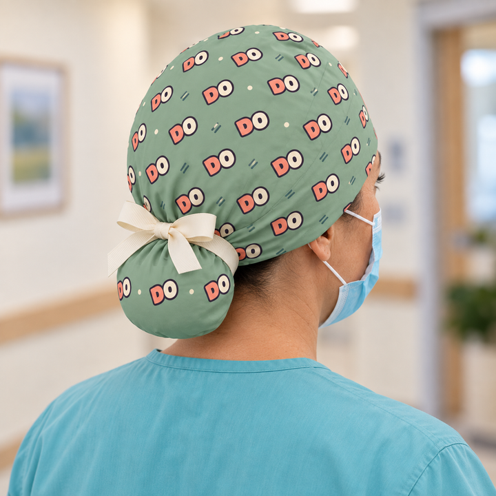 DO Ponytail Scrub Cap — Rear worn view showing the printed ponytail pouch and cream ribbon bow.
