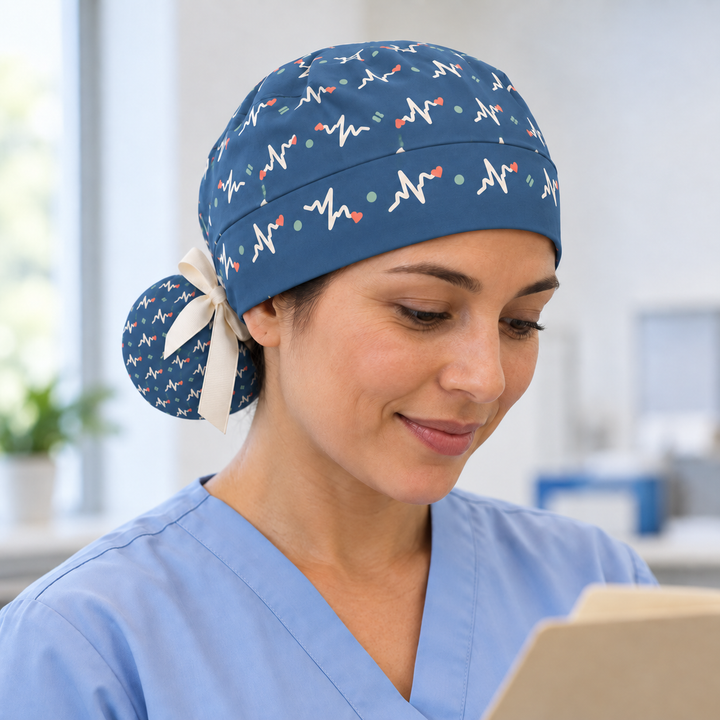 ECG ponytail scrub cap worn with plain scrubs in a clinical-setting mockup.