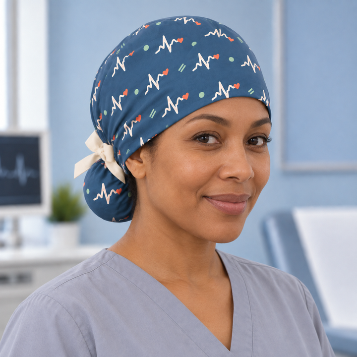 ECG Ponytail Scrub Cap — Front worn view showing the printed crown and fitted cap band.