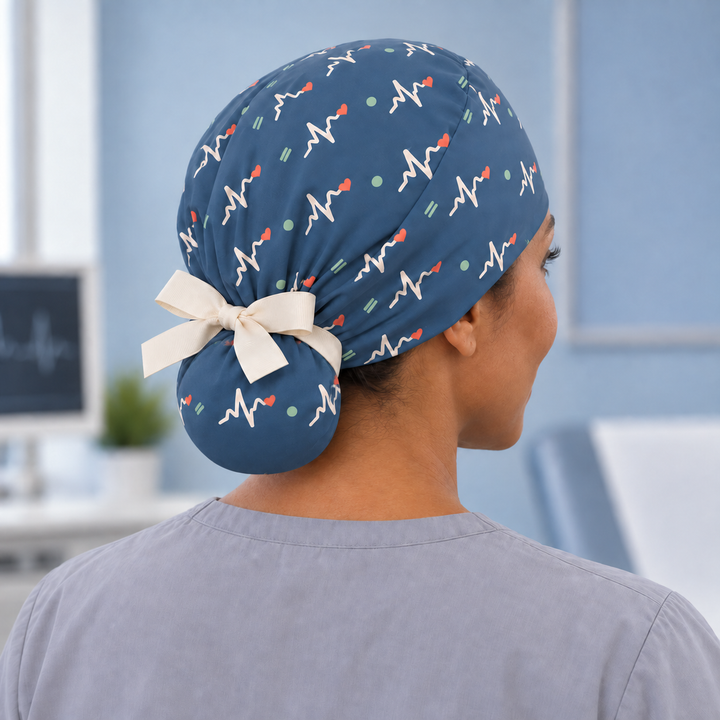 ECG Ponytail Scrub Cap — Rear worn view showing the printed ponytail pouch and cream ribbon bow.
