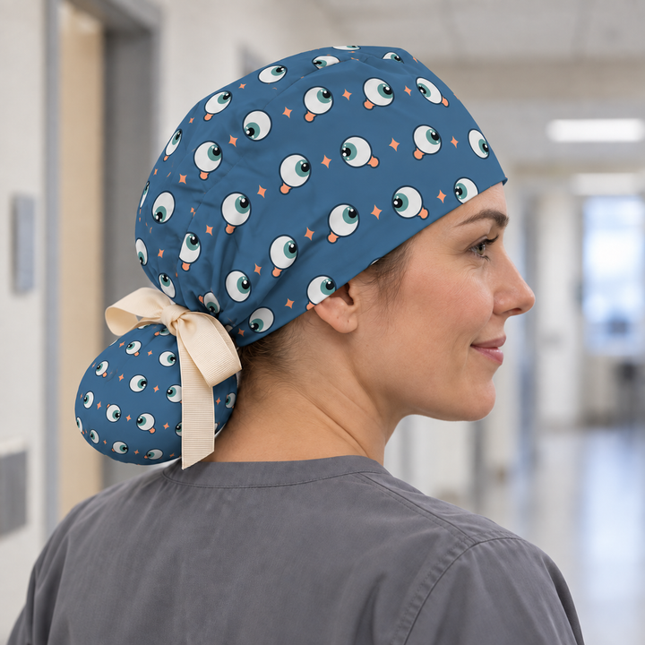 Eye ponytail scrub cap worn with plain scrubs in a clinical-setting mockup.