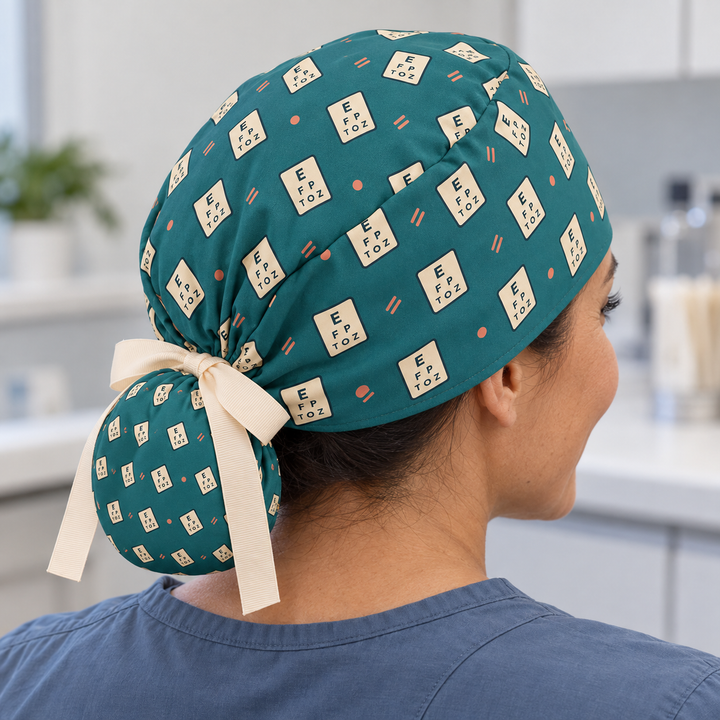 Eye Chart ponytail scrub cap worn with plain scrubs in a clinical-setting mockup.
