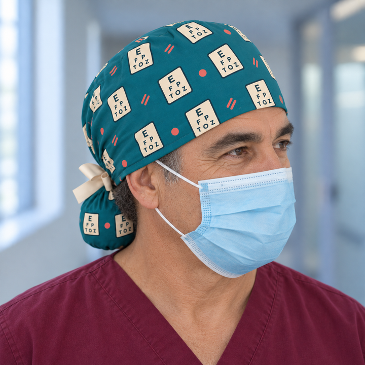 Eye Chart Ponytail Scrub Cap — Front worn view showing the printed crown and fitted cap band.