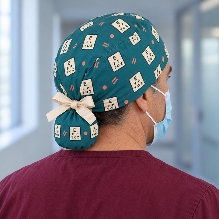 Eye Chart Ponytail Scrub Cap — Rear worn view showing the printed ponytail pouch and cream ribbon bow.