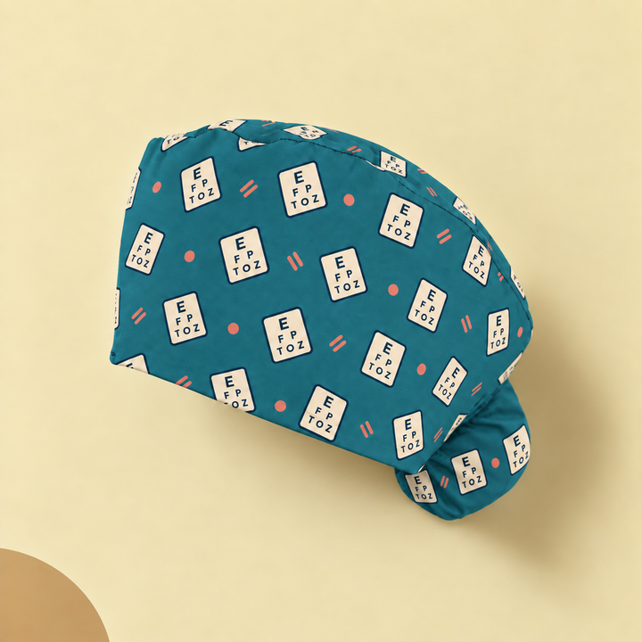 Eye Chart Ponytail Scrub Cap — Studio view of the printed cap on a coordinated background.