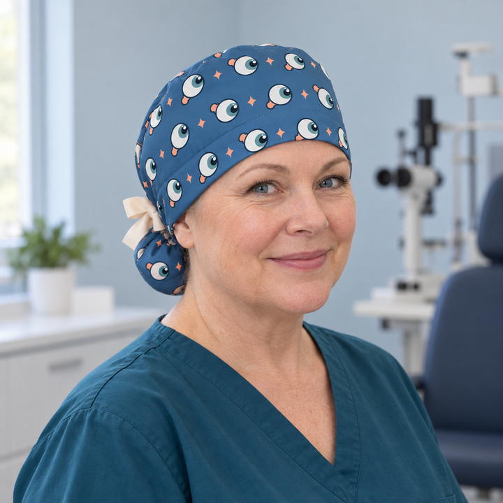 Eye Ponytail Scrub Cap — Front worn view showing the printed crown and fitted cap band.