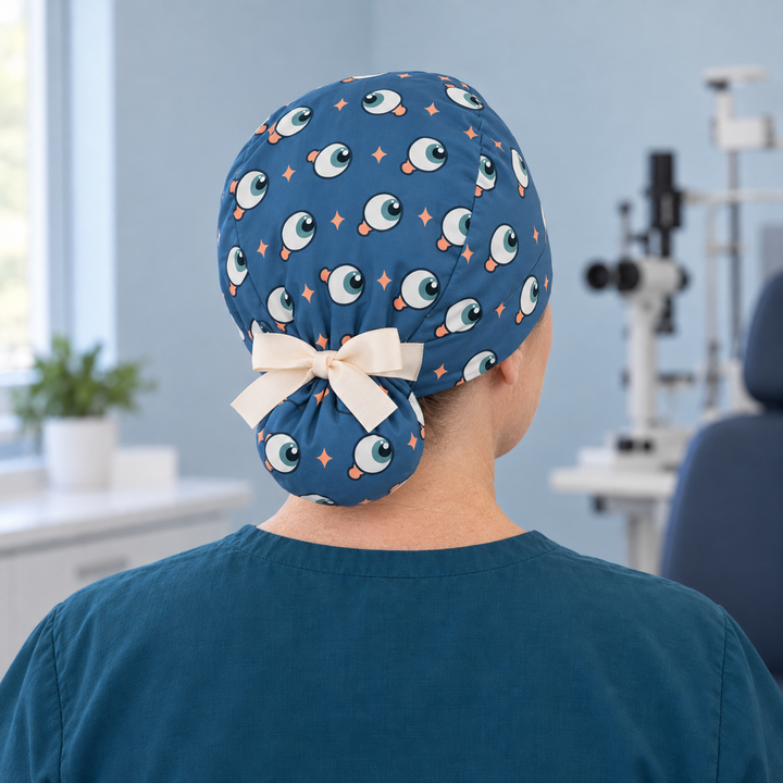 Eye Ponytail Scrub Cap — Rear worn view showing the printed ponytail pouch and cream ribbon bow.