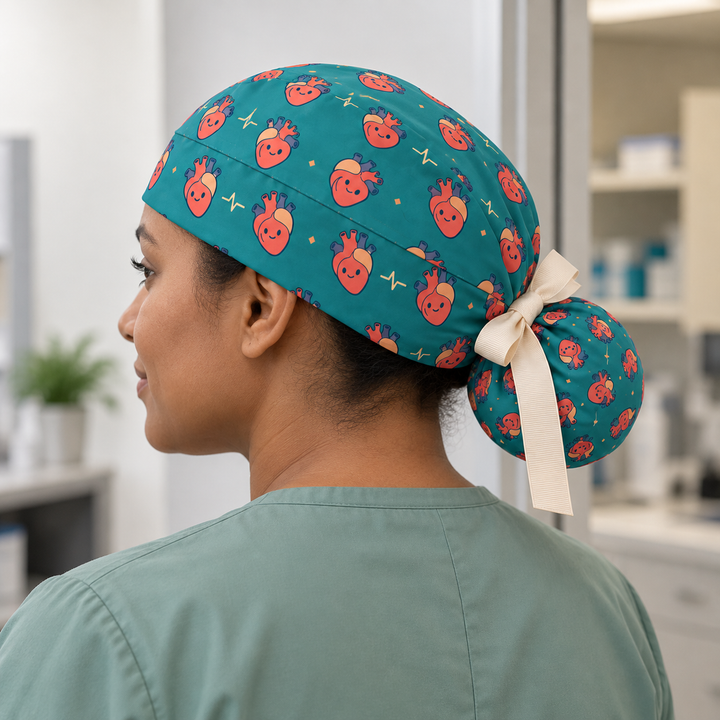 Heart ponytail scrub cap worn with plain scrubs in a clinical-setting mockup.