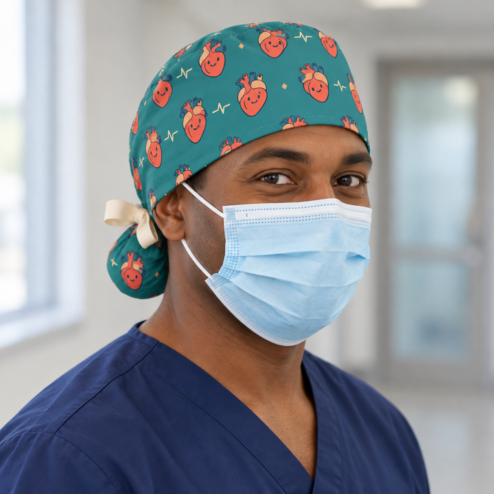 Heart Ponytail Scrub Cap — Front worn view showing the printed crown and fitted cap band.