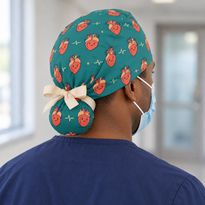 Heart Ponytail Scrub Cap — Rear worn view showing the printed ponytail pouch and cream ribbon bow.