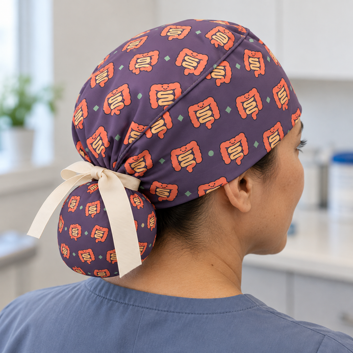 Intestine ponytail scrub cap worn with plain scrubs in a clinical-setting mockup.