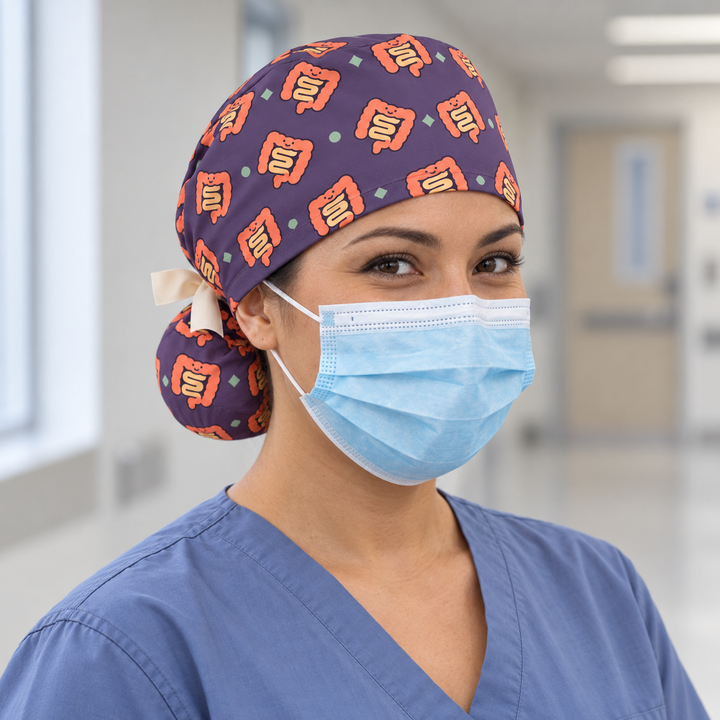 Intestine Ponytail Scrub Cap — Front worn view showing the printed crown and fitted cap band.