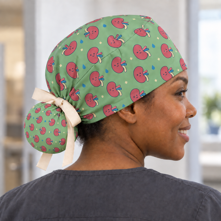 Kidney ponytail scrub cap worn with plain scrubs in a clinical-setting mockup.