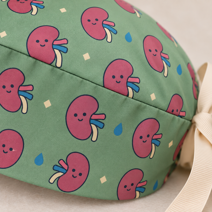 Kidney ponytail scrub cap — close-up mockup showing the printed fabric and stitched seam.