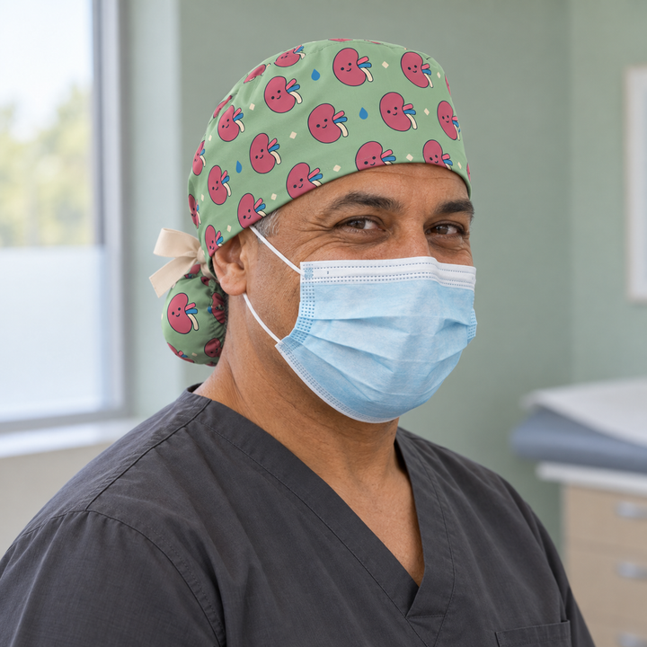 Kidney Ponytail Scrub Cap — Front worn view showing the printed crown and fitted cap band.