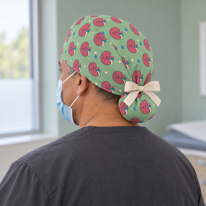 Kidney Ponytail Scrub Cap — Rear worn view showing the printed ponytail pouch and cream ribbon bow.