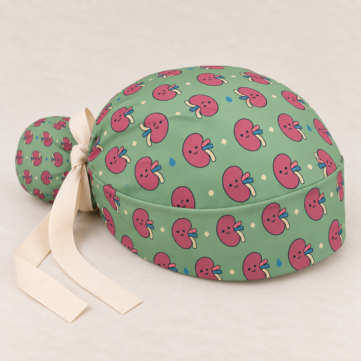 Kidney ponytail scrub cap — studio mockup showing the printed cap and cream ties.