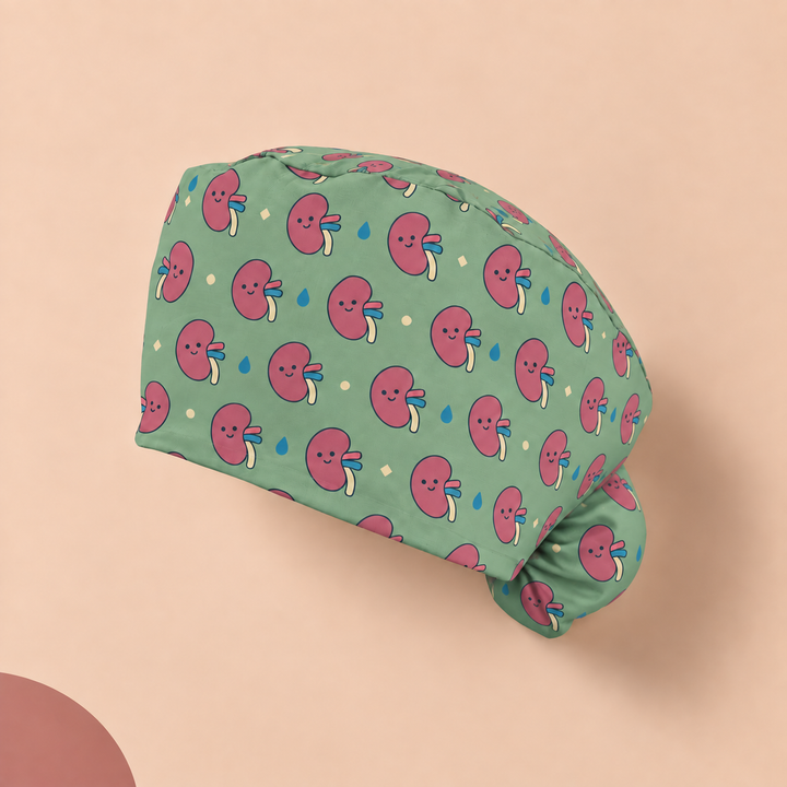 Kidney Ponytail Scrub Cap — Studio view of the printed cap on a coordinated background.