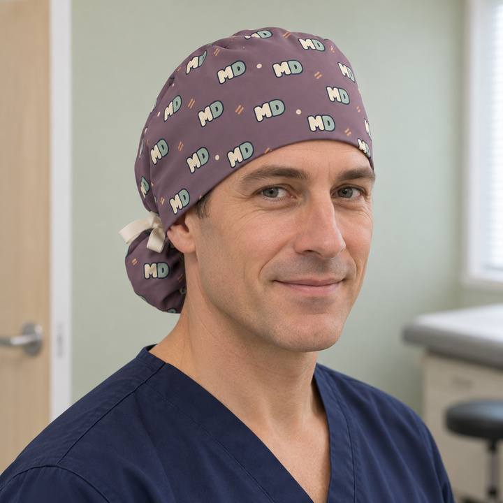 MD Ponytail Scrub Cap — Front worn view showing the printed crown and fitted cap band.