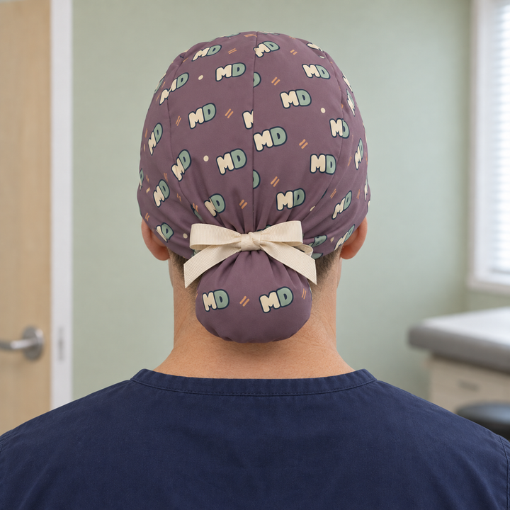 MD Ponytail Scrub Cap — Rear worn view showing the printed ponytail pouch and cream ribbon bow.