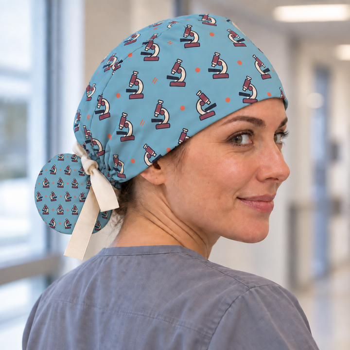 Microscope ponytail scrub cap worn with plain scrubs in a clinical-setting mockup.
