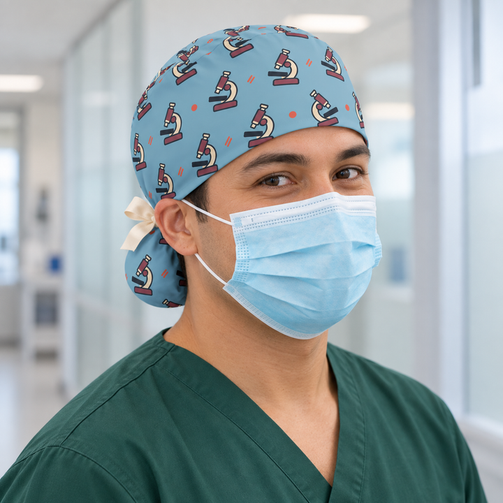 Microscope Ponytail Scrub Cap — Front worn view showing the printed crown and fitted cap band.