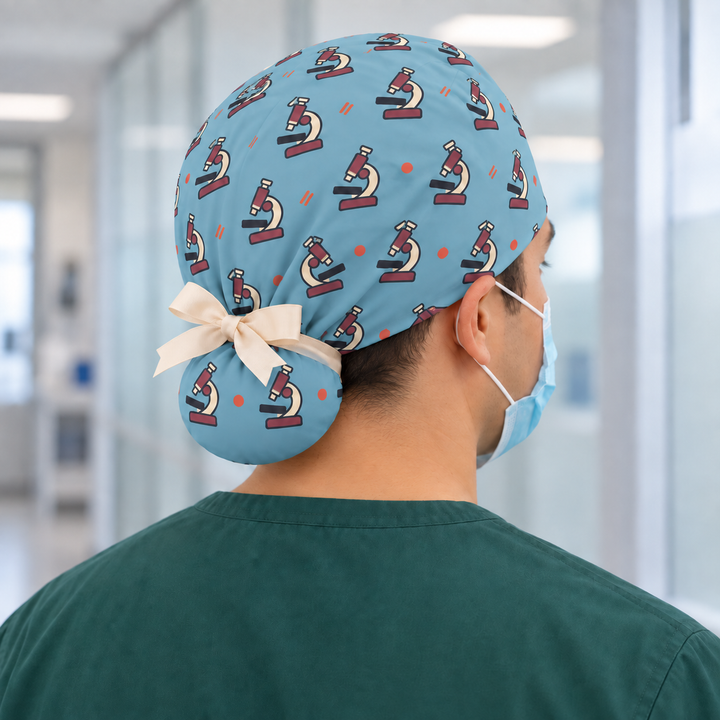 Microscope Ponytail Scrub Cap — Rear worn view showing the printed ponytail pouch and cream ribbon bow.