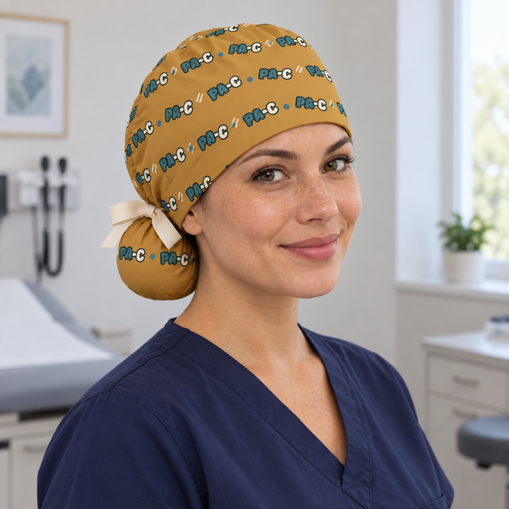 PA-C Ponytail Scrub Cap — Front worn view showing the printed crown and fitted cap band.