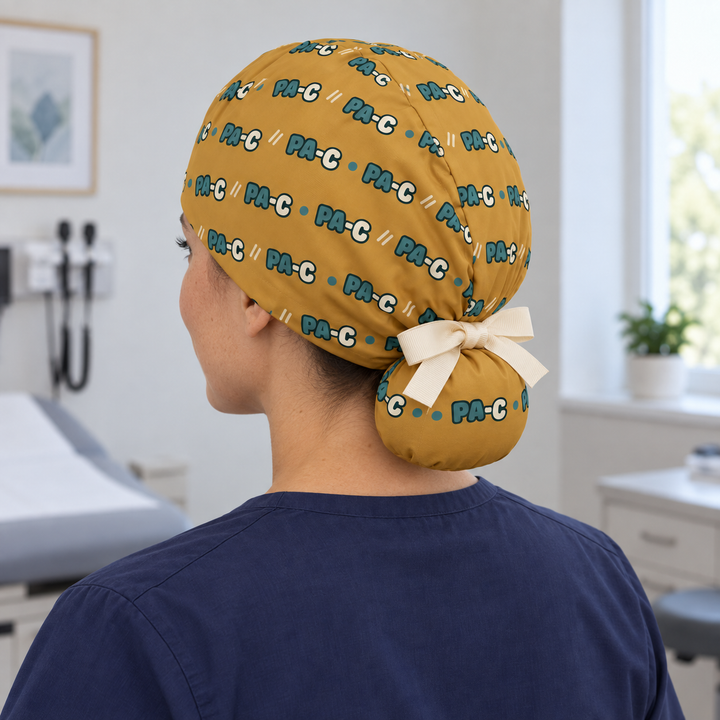 PA-C Ponytail Scrub Cap — Rear worn view showing the printed ponytail pouch and cream ribbon bow.