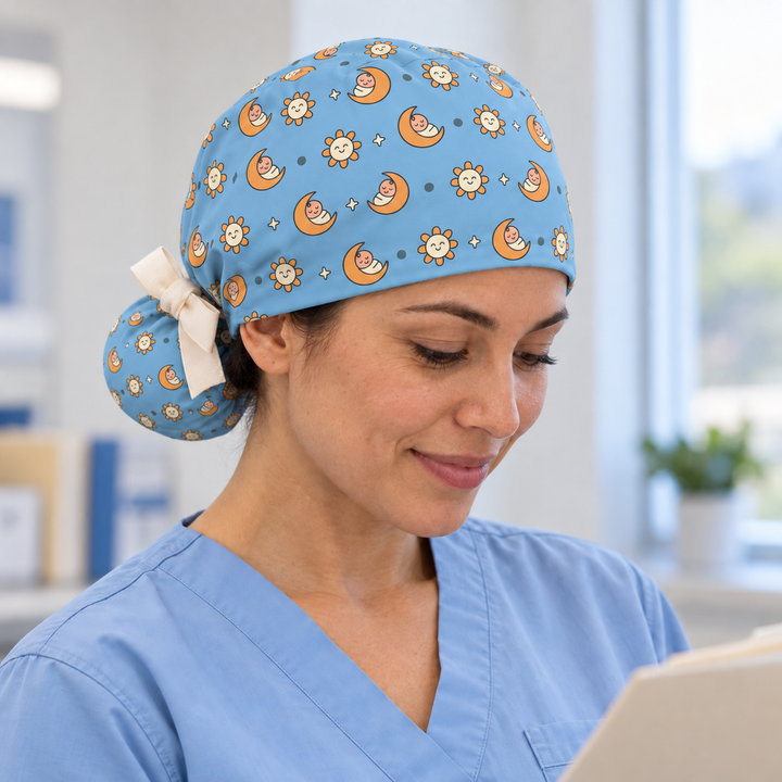 Pediatric ponytail scrub cap worn with plain scrubs in a clinical-setting mockup.