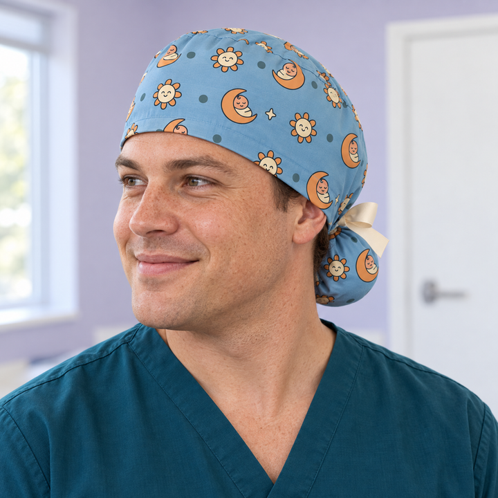 Pediatric Ponytail Scrub Cap — Front worn view showing the printed crown and fitted cap band.