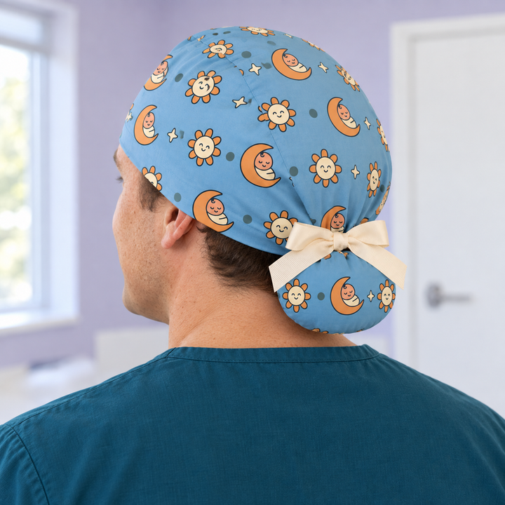 Pediatric Ponytail Scrub Cap — Rear worn view showing the printed ponytail pouch and cream ribbon bow.