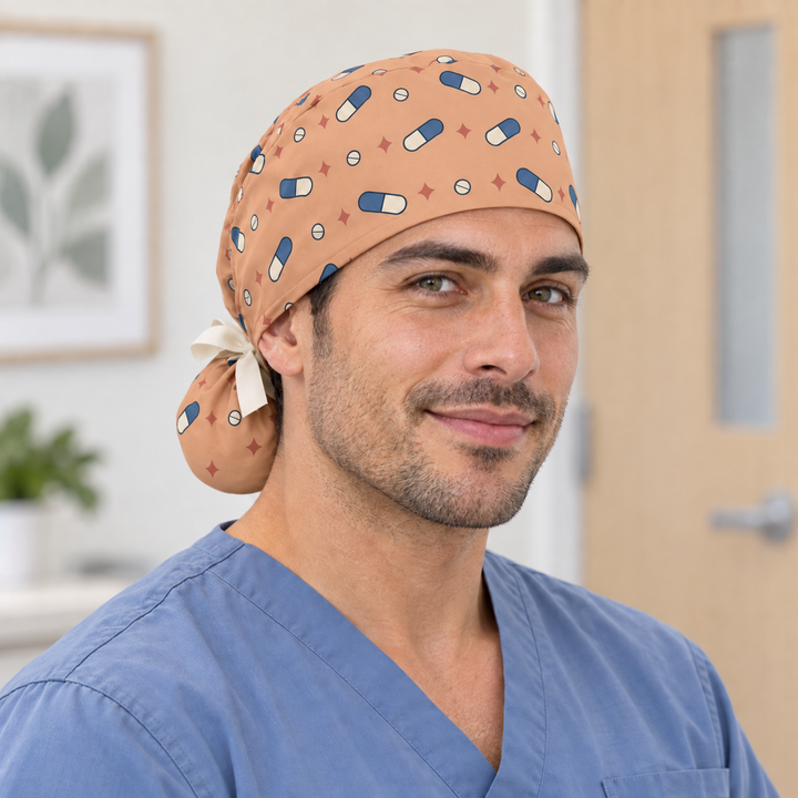 Pill Ponytail Scrub Cap — Front worn view showing the printed crown and fitted cap band.