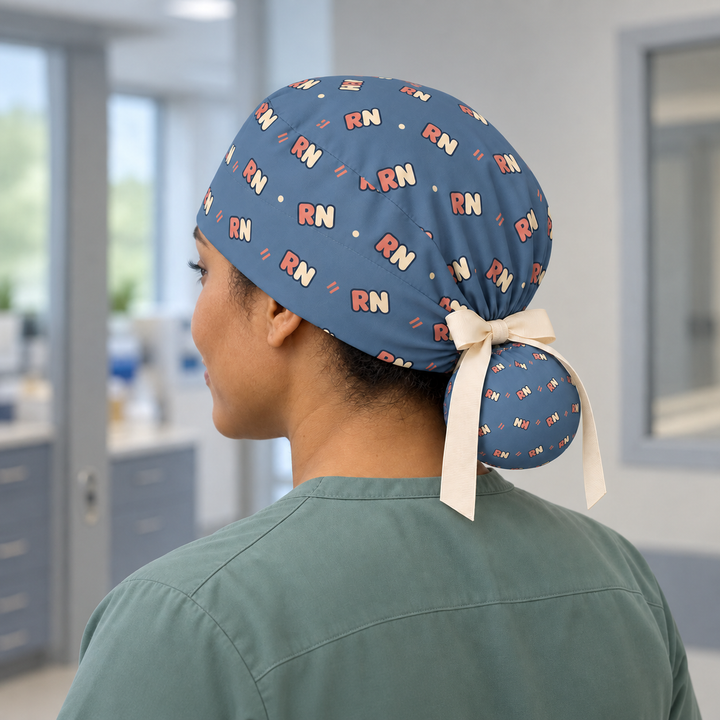 RN ponytail scrub cap worn with plain scrubs in a clinical-setting mockup.