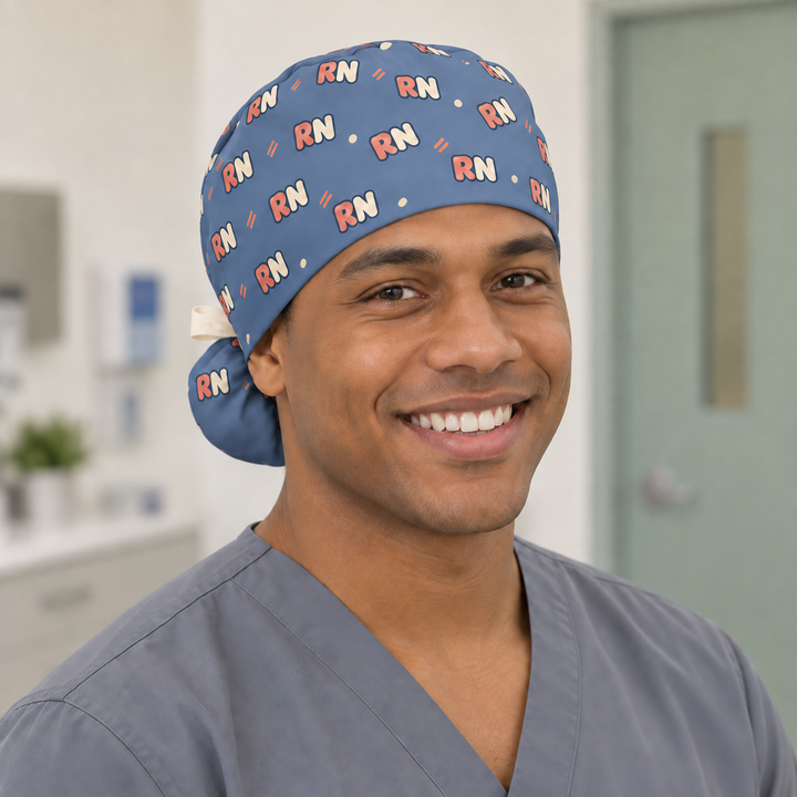 RN Ponytail Scrub Cap — Front worn view showing the printed crown and fitted cap band.