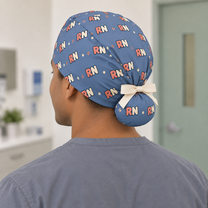 RN Ponytail Scrub Cap — Rear worn view showing the printed ponytail pouch and cream ribbon bow.