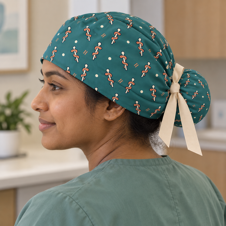 Rod of Asclepius ponytail scrub cap worn with plain scrubs in a clinical-setting mockup.