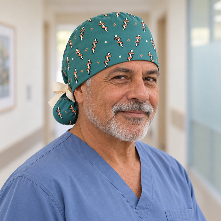 Rod of Asclepius Ponytail Scrub Cap — Front worn view showing the printed crown and fitted cap band.