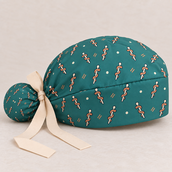 Rod of Asclepius ponytail scrub cap — studio mockup showing the printed cap and cream ties.