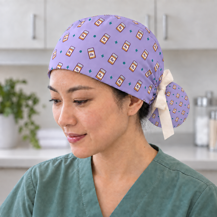 Rx ponytail scrub cap worn with plain scrubs in a clinical-setting mockup.