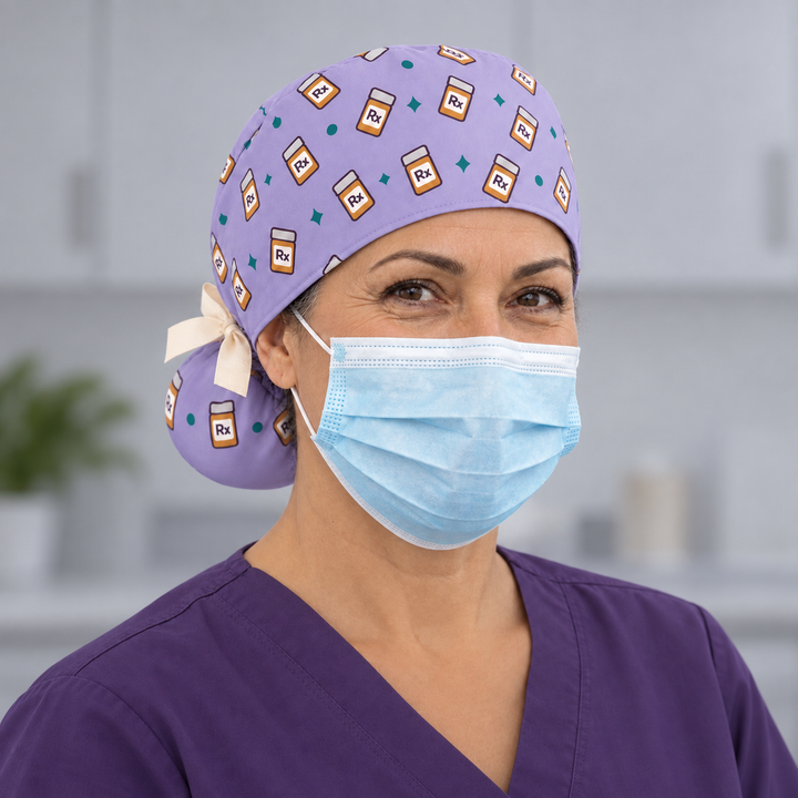 Rx Ponytail Scrub Cap — Front worn view showing the printed crown and fitted cap band.
